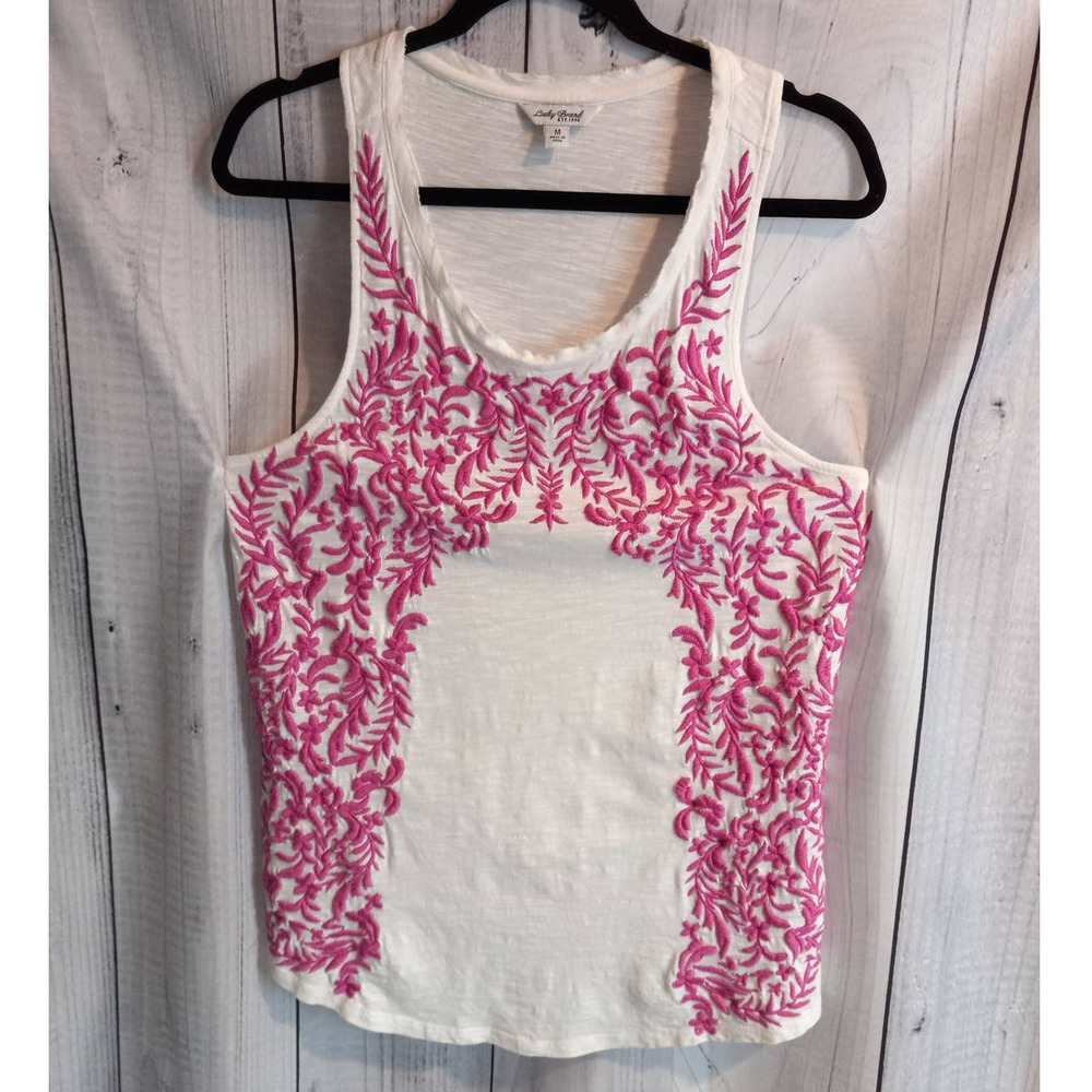 Lucky Brand | White & Berry Heavily Embroidered Slub-Knit Racerback Tank Top